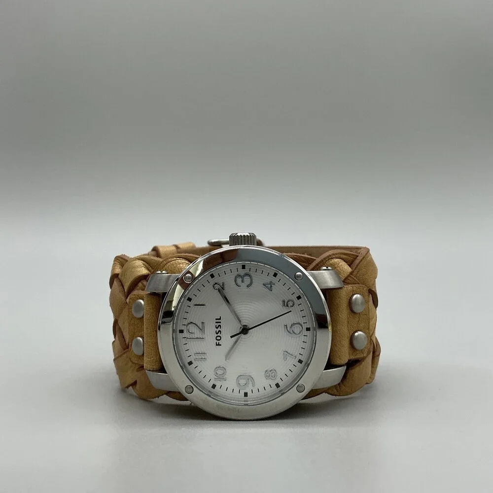 Fossil JR-1292 Mens Watch 34mm White Dial Silver Tone Brown Leather New Battery